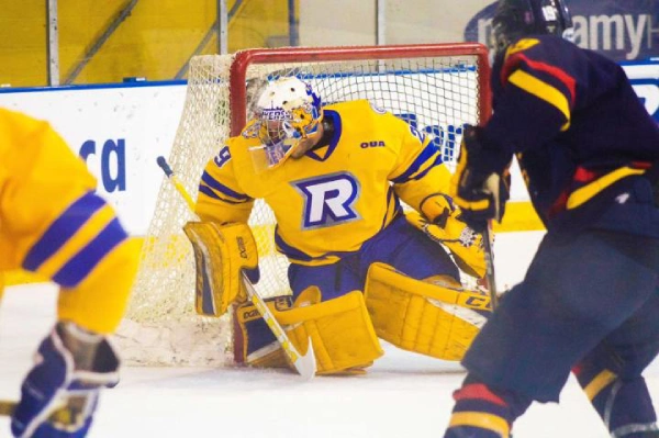 Ryerson Rams goaltender Taylor Dupuis minds his net against the Queen’s Gaels on Sept. 20, 2019 at the Mattamy Athletic Centre in Toronto. (Matthew Rodrigopulle/RUtv News)